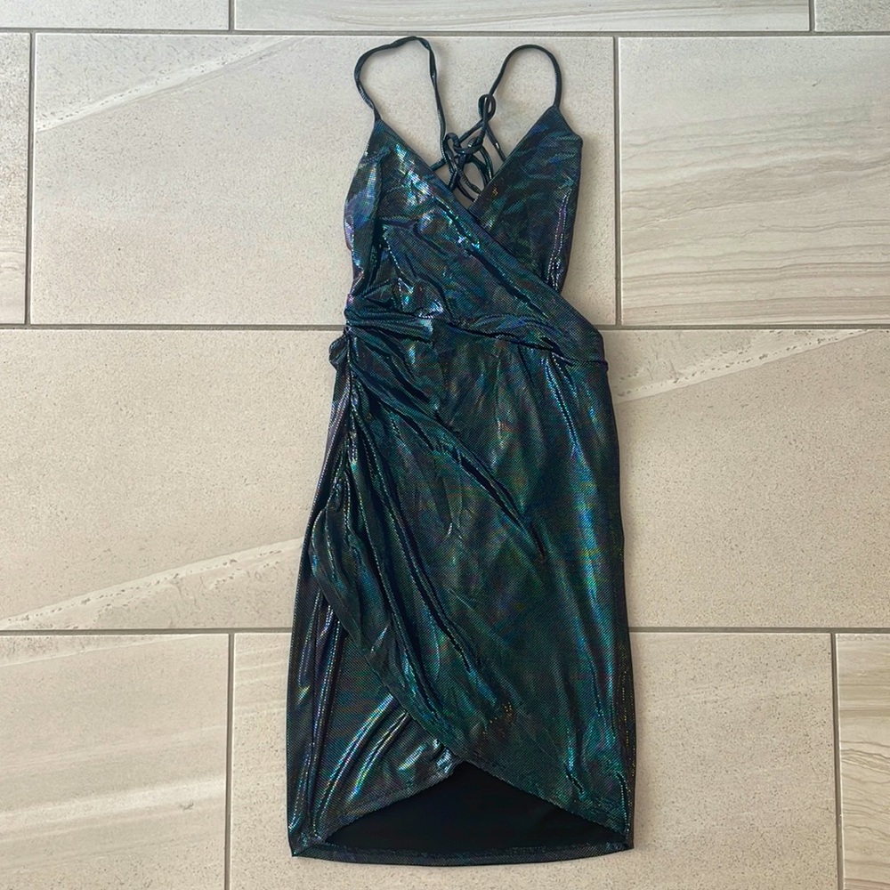 Holographic Cut Out Ruched Metallic Cami Bodycon Disco Dress